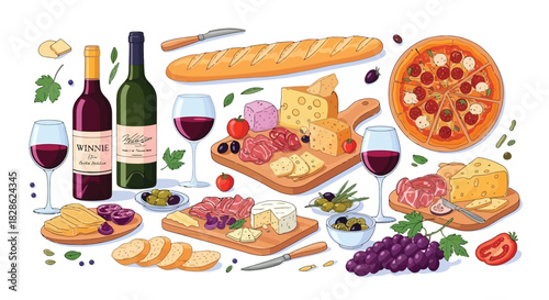 A delightful assortment of gourmet cheese, bread, olives, grapes, pizza, and wine, perfect for a sophisticated gathering
