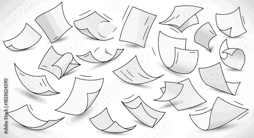 Whimsical graphic design of various blank white paper pages floating and swirling in mid-air, a versatile collection of sketch-style document elements