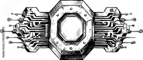Intricate hexagonal circuit design - decorative engraved illustration for artistic purposes