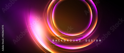 Abstract neon lights create circular shapes, vibrant colors blend. Dark background emphasizes glowing design elements, modern aesthetic.