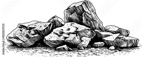 Engraved decorative illustration of angular clastic conglomerate rocks for design