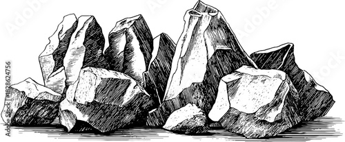Engraved decorative illustration of angular clastic scree for design