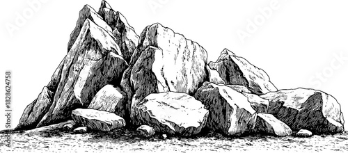 Engraved decorative illustration of angular clastic scree for design and print projects