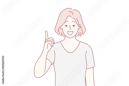 woman pointing upward with bright idea and confident smile, casual setting suggesting creative insight and friendly communication soft line illustration emphasizes gesture, expression,