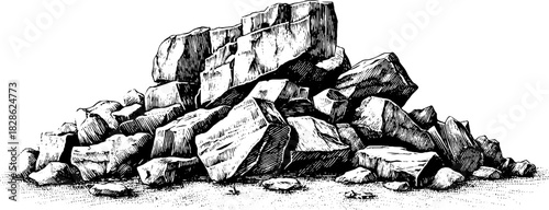 Engraved decorative illustration of clastic stone pile for design and print projects