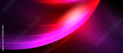 Abstract background features vibrant curves. Pink, purple, red hues blend smoothly. Dark space surrounds flowing shapes, creating dynamic visual effect.