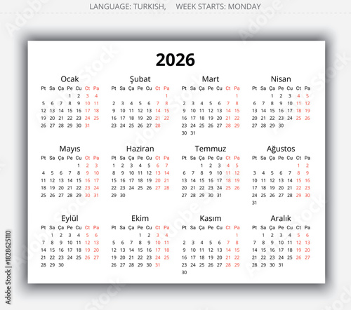 2026 year turkish simple calendar. Vector illustration Turkey - turk takvimi