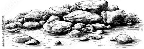 Engraved decorative illustration of coarse riverbed sand and rocks for design and decoration