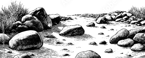 Engraved illustration of coarse riverbed with boulders and sand for retro design projects
