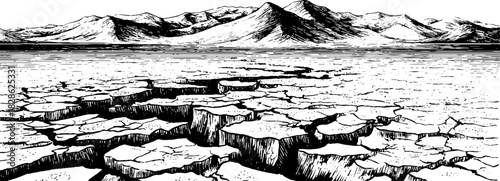Engraved decorative illustration of cracked desert landscape with clay domes