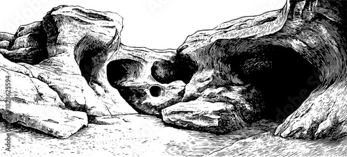 Eroded karst cavity landscape in detailed decorative engraving for natural design