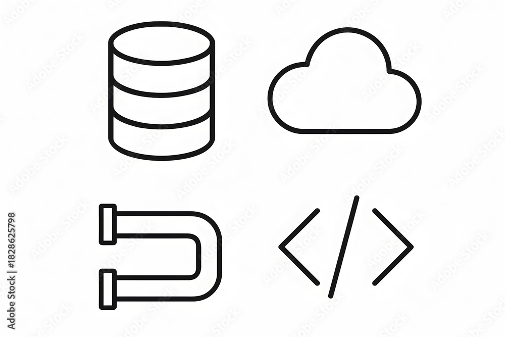 Fototapeta premium Cloud and Data Icons: Streamlined icons depicting cloud, database, coding, and the magnetic force. Simple, clean, and ideal for digital design and tech presentations.
