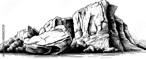 Decorative engraving of foliated schist slabs with scenic landscape elements for design