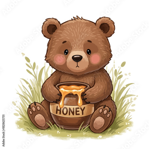 Cute cartoon bear holding a pot of honey isolated on white background silhouette