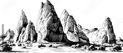 Engraved decorative illustration of wind-eroded sandstone formations