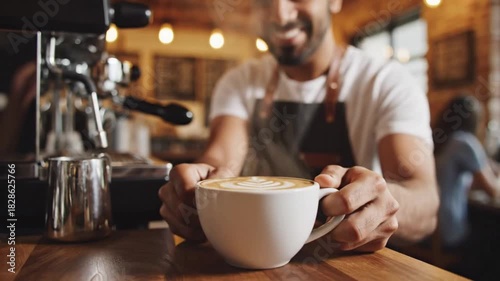 Smiling barista delivering a steaming cup of freshly brewed coffee with intricate latte art, embodying warm hospitality and the inviting atmosphere of a vibrant coffee shop