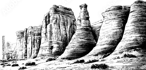 Wind eroded sandstone formations decorative engraving for design and print