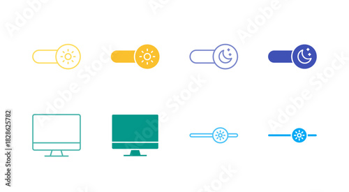 Flat Colored Display Mode Icon Set in Outline and Solid Style for Screen Settings and Brightness