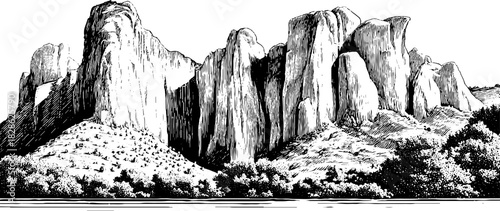 Engraved decorative illustration of wind eroded sandstone rock formations