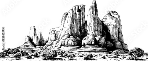 Highly wind eroded sandstone formation in desert landscape with engraved detail