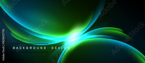 Abstract flowing shapes, vibrant teal, green hues. Bright central glow, dark background creates dramatic effect. Modern design element.