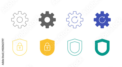 Flat Colored Security and Settings Icon Set in Outline and Solid Style for System Control and Protection
