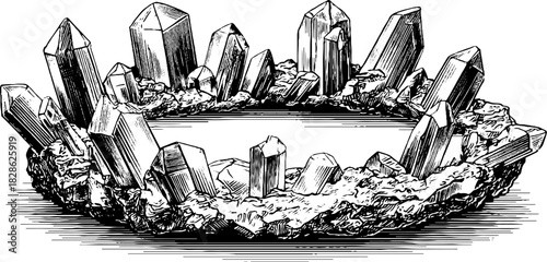 Intricate engraved illustration of interlocked crystalline structures for decorative design