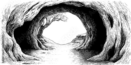 Intricate hollow driftwood trench with engraved ornamental design