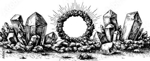 Decorative hand drawn illustration of interlocked crystalline structures for design and art