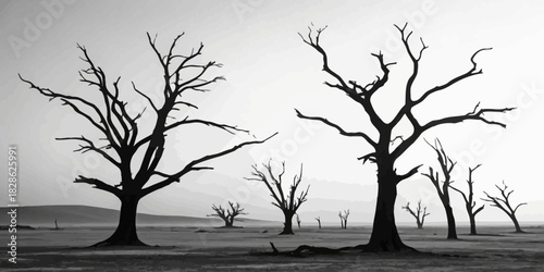 A monochrome landscape featuring silhouettes of bare trees against a light background