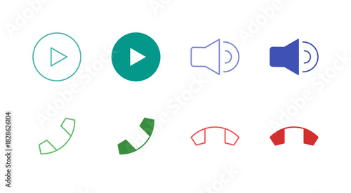 Flat Colored Video and Call Icon Set in Outline and Solid Style for Media and Telecommunication