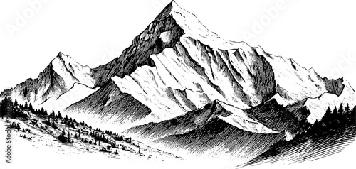 Engraved mountain landscape with layered peaks and forest scene for nature design