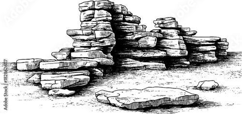 Vintage engraving of layered claystone fragment for geological study and design