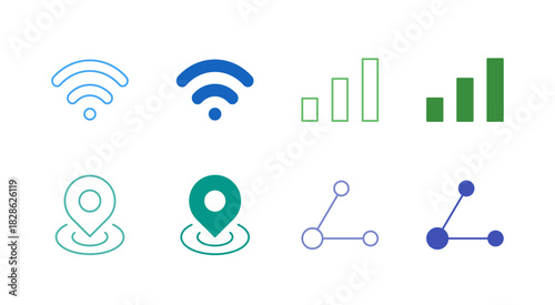 Flat Colored Wi-Fi and Network Icon Set in Outline and Solid Style for Connectivity and Signal Status