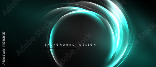 Abstract dark background features glowing circular layers. Teal, white hues create dynamic visual effect. Modern design element.