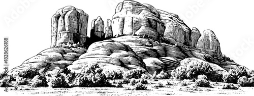 Vintage engraved illustration of layered sandstone cliff landscape