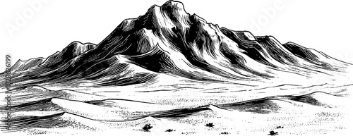 Intricate hand-drawn engraving of volcanic ash layers in a mountainous landscape illustration