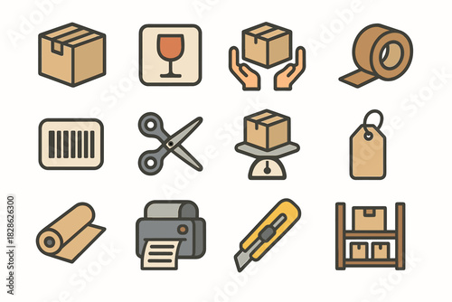 Sticker icon icons handling package paper vector printer scissors shelf storage label