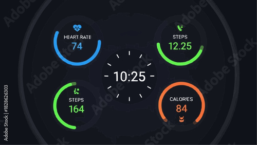 Dashboard view of a smartwatch interface displaying health metrics and time information clearly visible