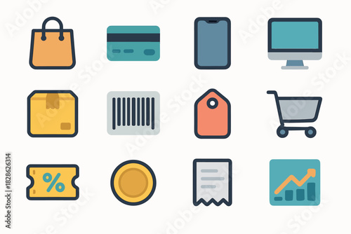 Bag tag coin coupon shopping discount commerce vector box e icon card