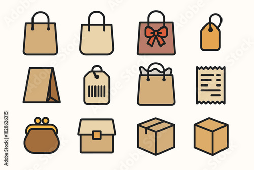 Minimalist shopping receipt tag paper vector fabric handles box bow icon icons
