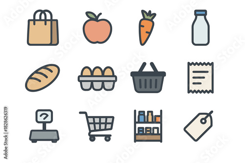 Fruit bread receipt shelf shopping vector icon egg bag set grocery basket