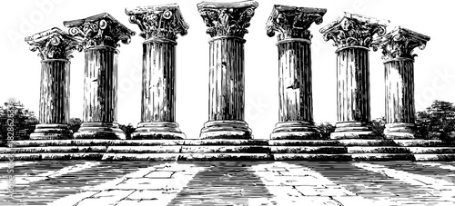 Architectural design featuring engraved decorative stepped polygonal columns for historical art projects