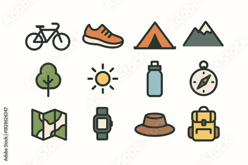 Hat grid backpack running vector bottle bicycle icon tent water icons outdoor