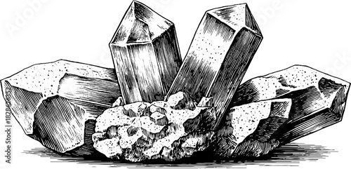 Vintage hand-drawn engraving of prismatic granite shards for decorative design