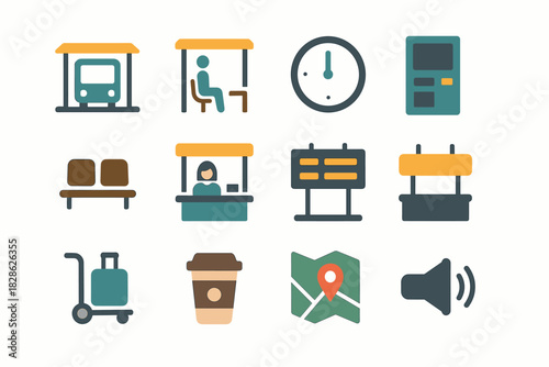 Bus coffee trolley machine board station luggage icon speaker bench room vector