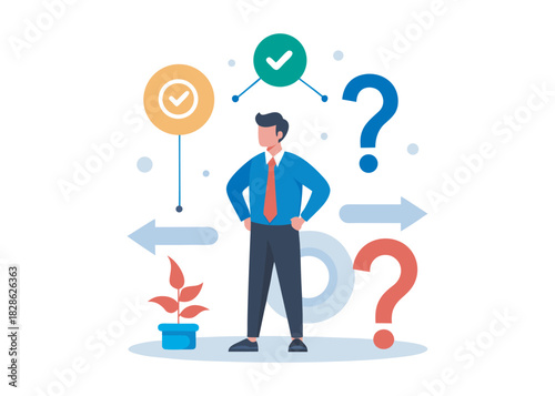 Man looking at question marks and choosing right option to achieve success. Process of making decision to reach goal flat vector illustration. Business development way, confusion, doubt concept logo