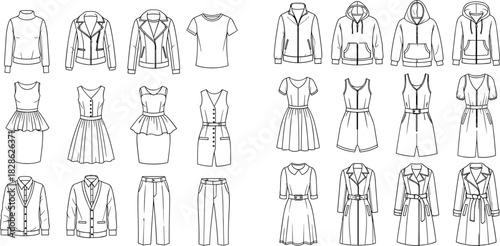 Fashion Apparel Outline Drawing Set, Women's Dresses, Jackets, Hoodies, and Casual Wear, Flat Vector Technical Sketch Collection
