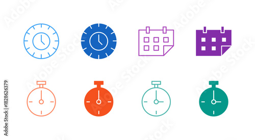 Flat Colored Time and Calendar Icon Set in Outline and Solid Style for Scheduling and Productivity