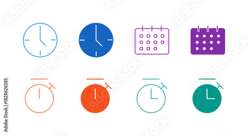 Flat Colored Time and Calendar Icon Set in Outline and Solid Style for Scheduling and Productivity